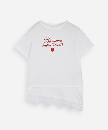 camiseta infantil de algodão com barra assimétrica de renda off white 6