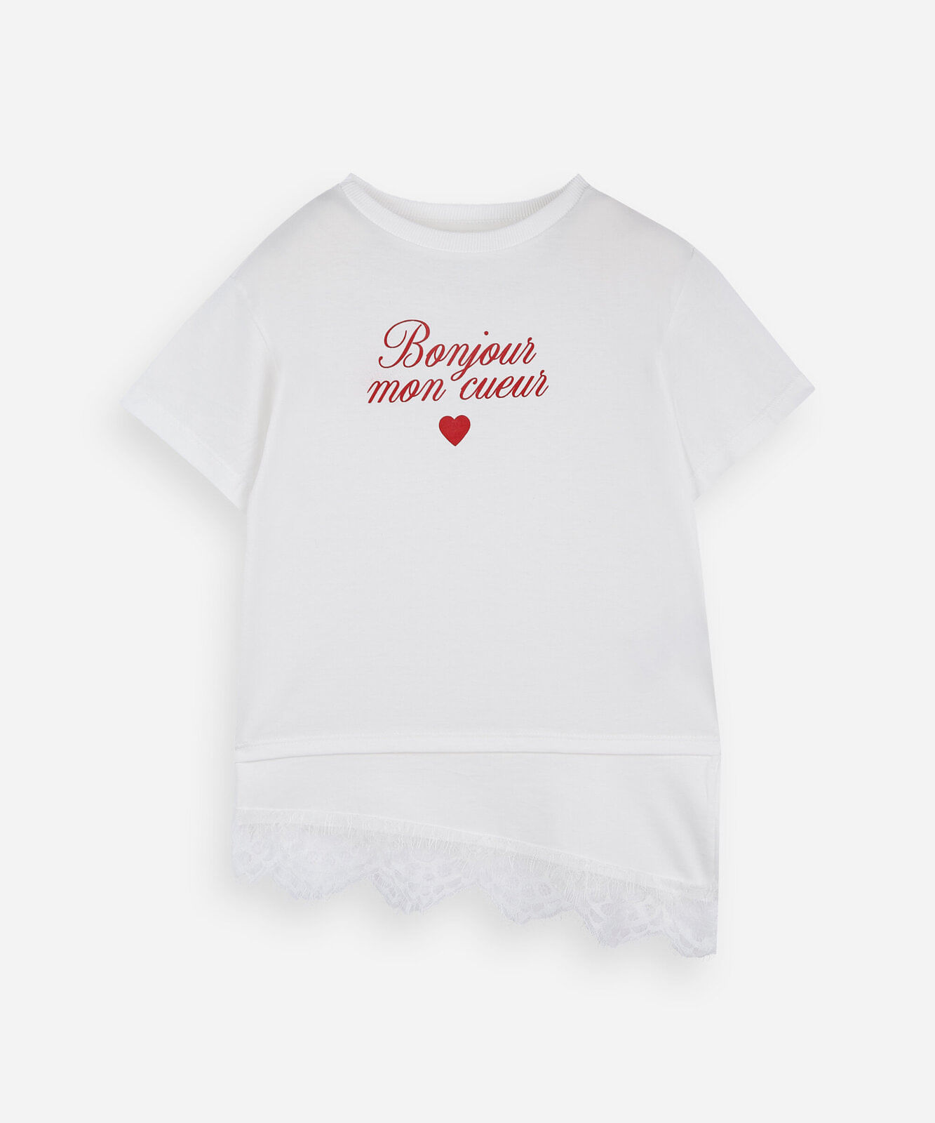 camiseta infantil de algodão com barra assimétrica de renda off white