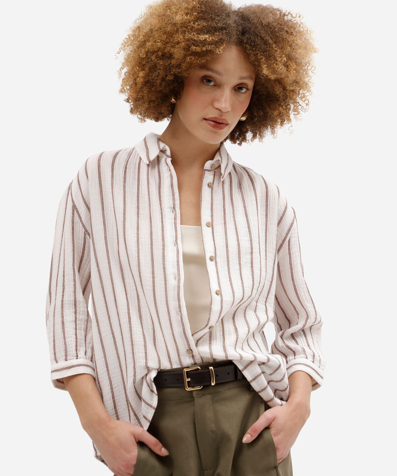 camisa feminina de algodão manga longa listrada texturizada off white