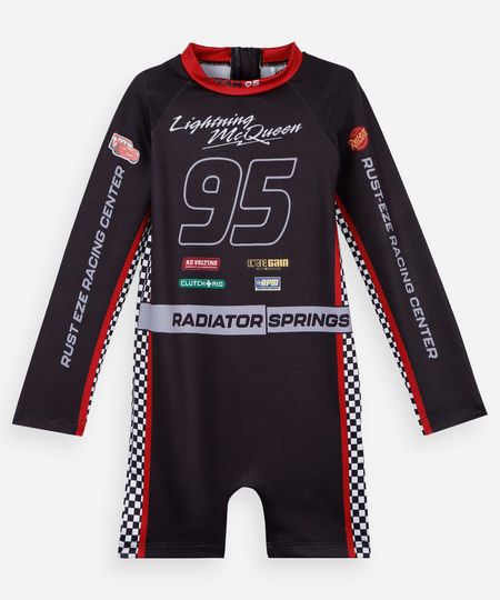 macacão de praia infantil manga longa com proteção uv relâmpago mcqueen preto 2