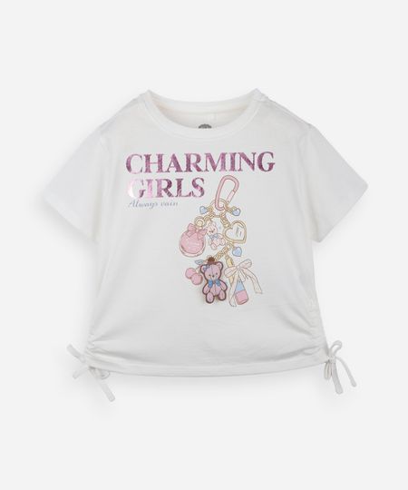camiseta infantil de algodão com detalhe franzido lateral charming off white 10