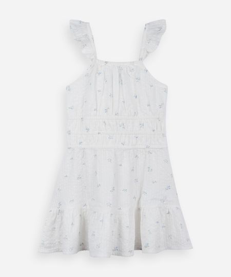 vestido infantil de algodão com estampa floral com alças de babado off white 6