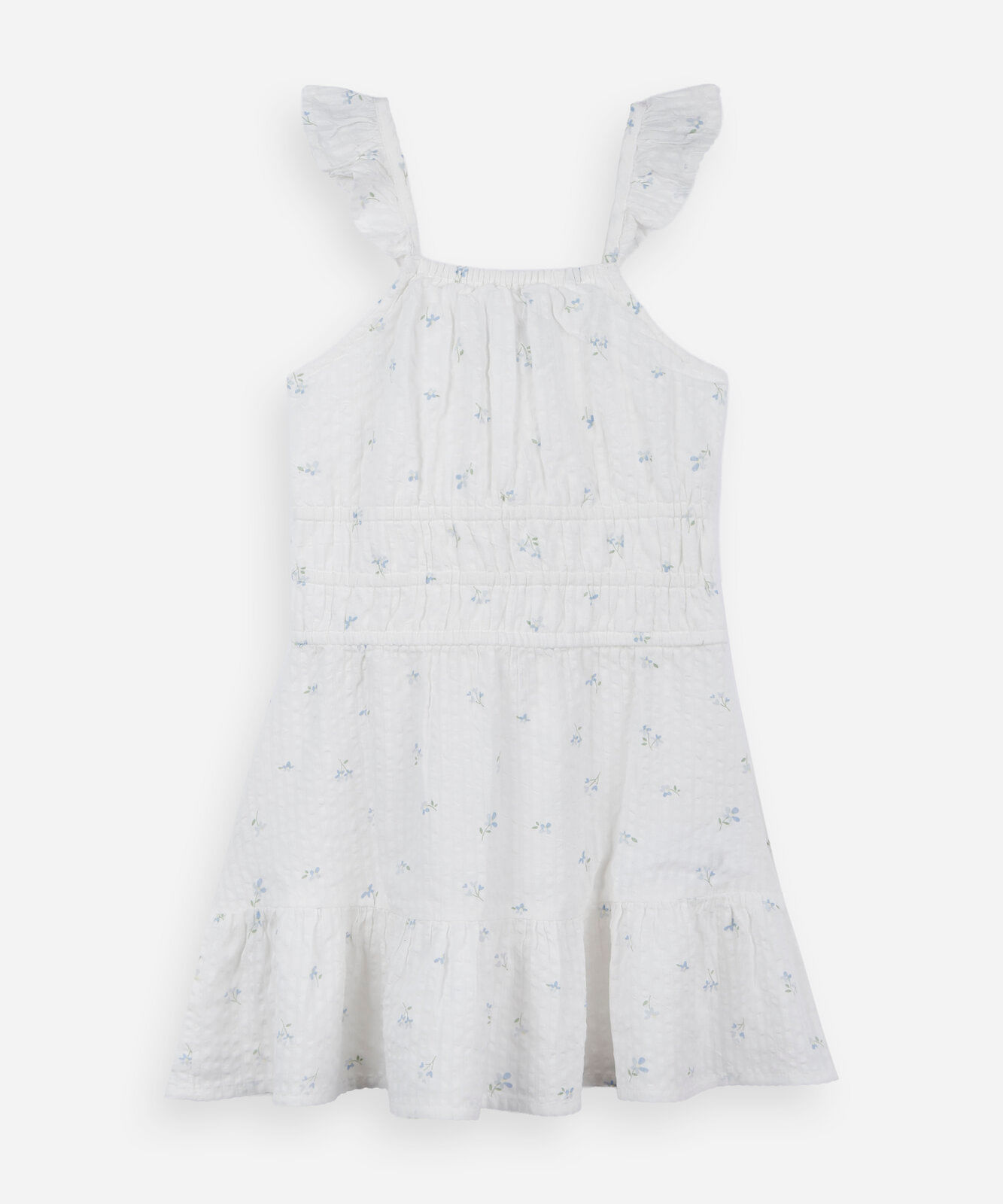 vestido infantil de algodão com estampa floral com alças de babado off white