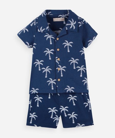 conjunto infantil curto de algodão com estampa de coqueiros azul 6-9