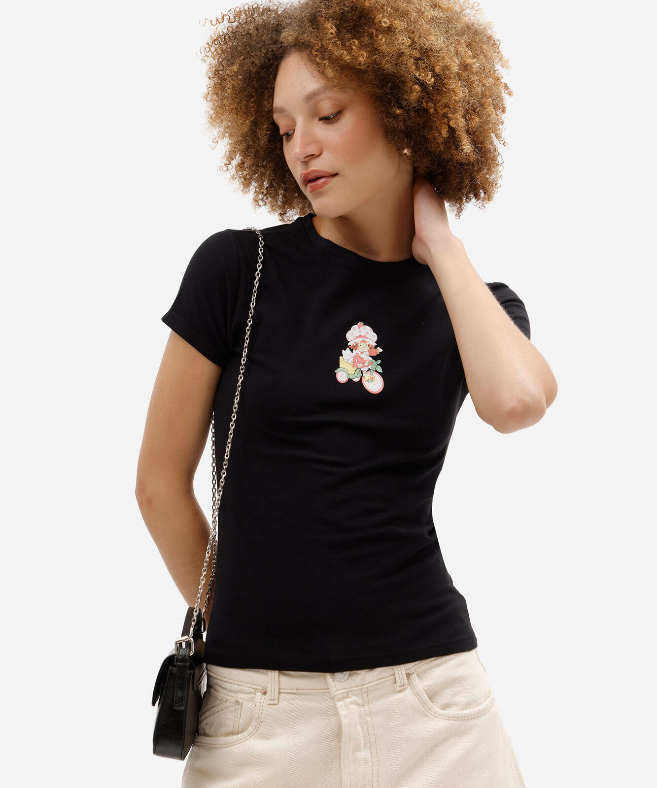 blusa baby look feminina de algodão manga curta moranguinho preta
