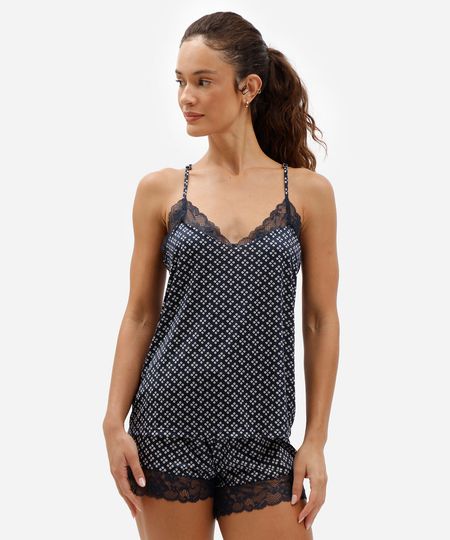 pijama short doll feminino de poliamida com renda geométrica azul PP