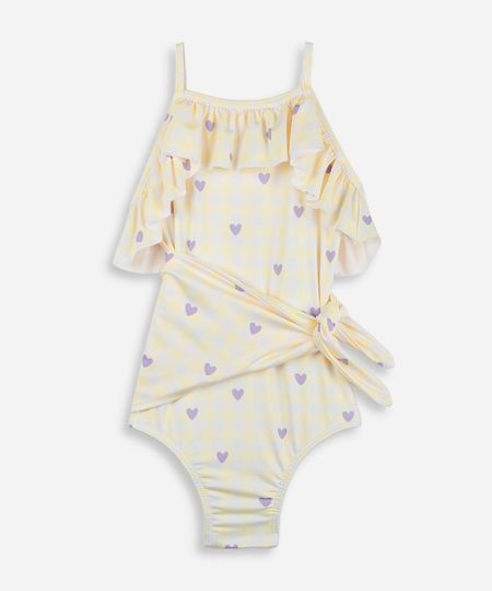 conjunto infantil de maiô e bandana com proteção uv e estampa xadrez de corações amarelo 4