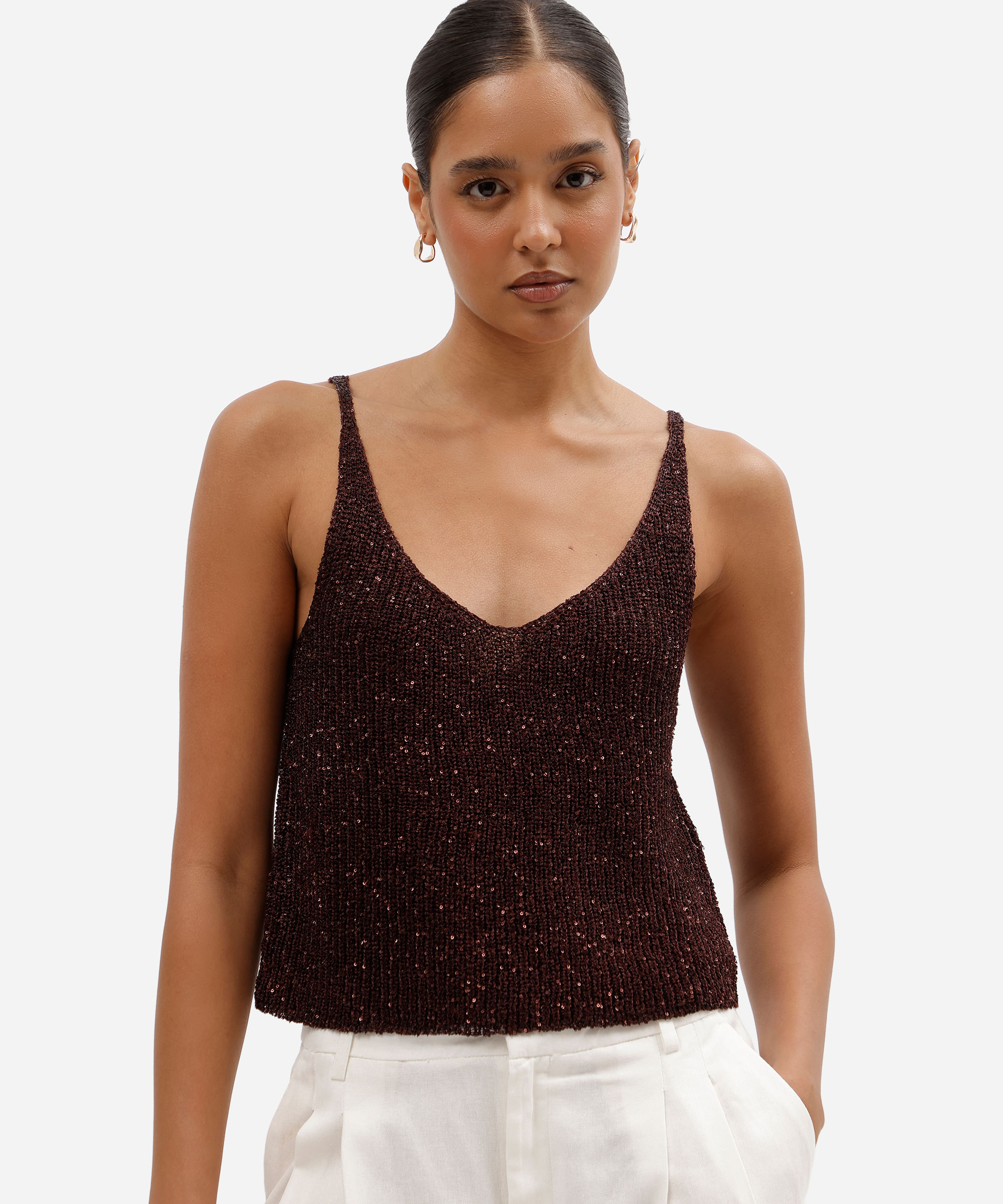 regata cropped feminina de tricot com paetê marrom