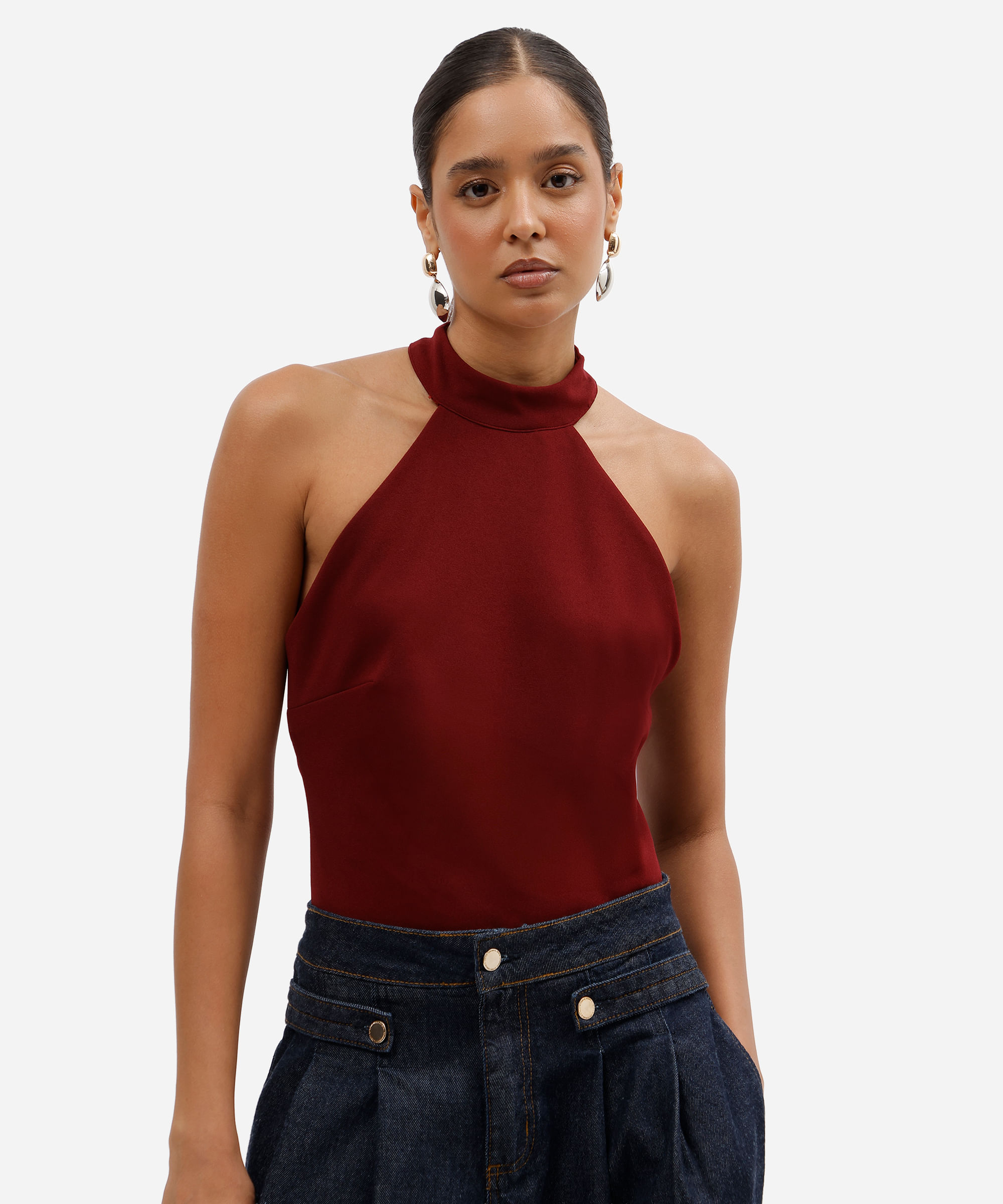 blusa feminina halterneck texturizada vinho