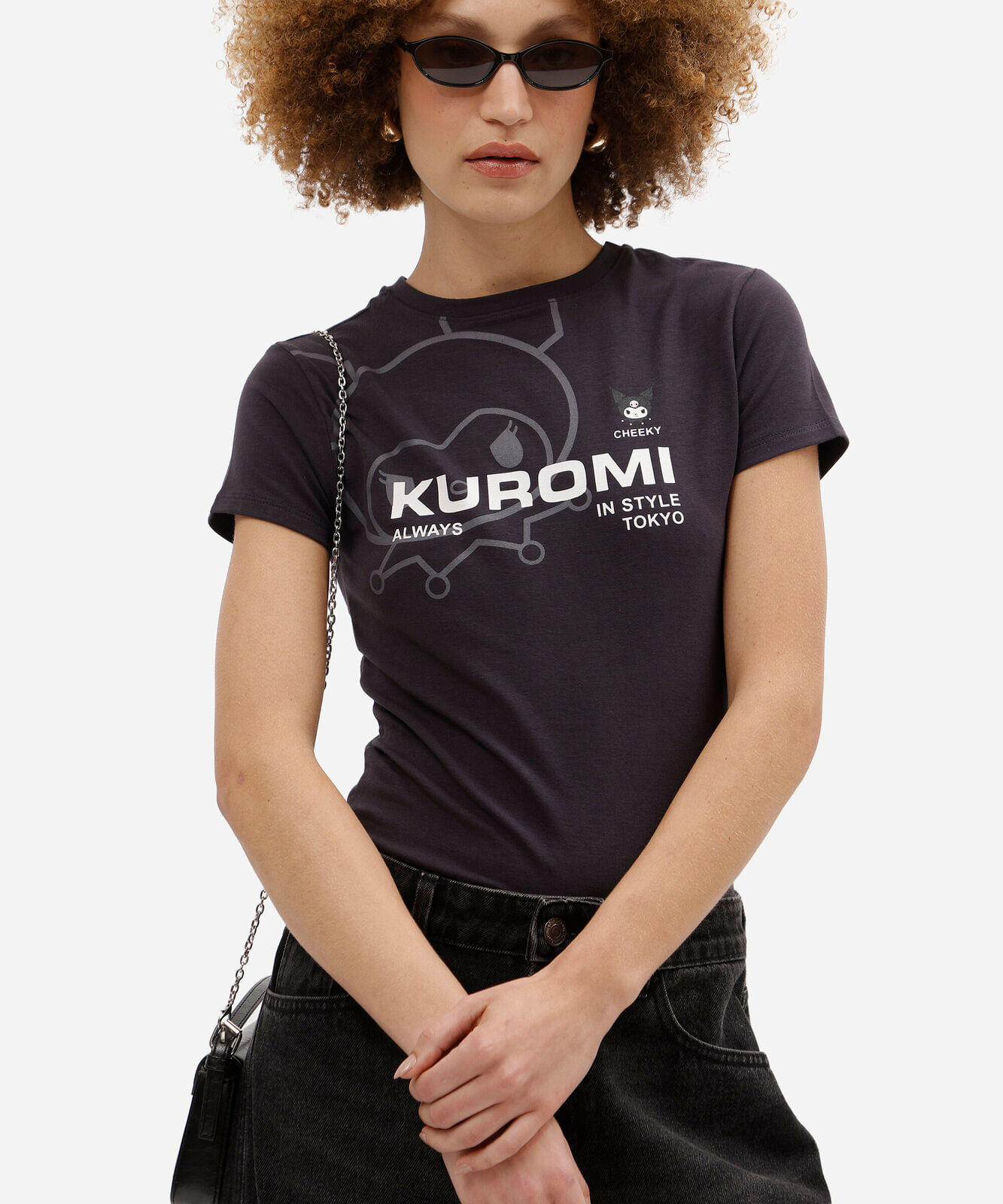 blusa baby look feminina de algodão manga curta kuromi cinza