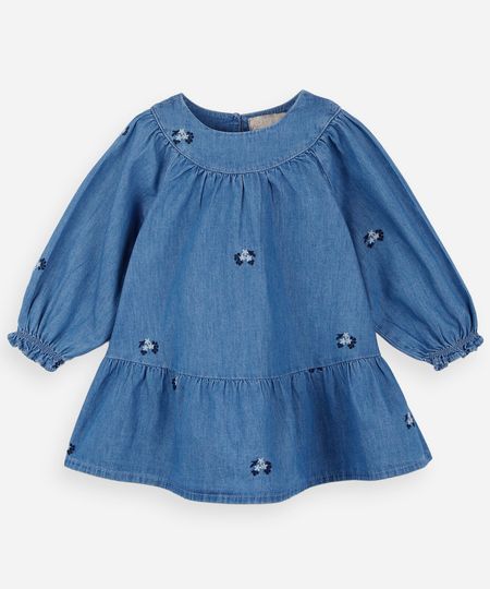 vestido infantil jeans manga longa com recorte floral azul 9-12