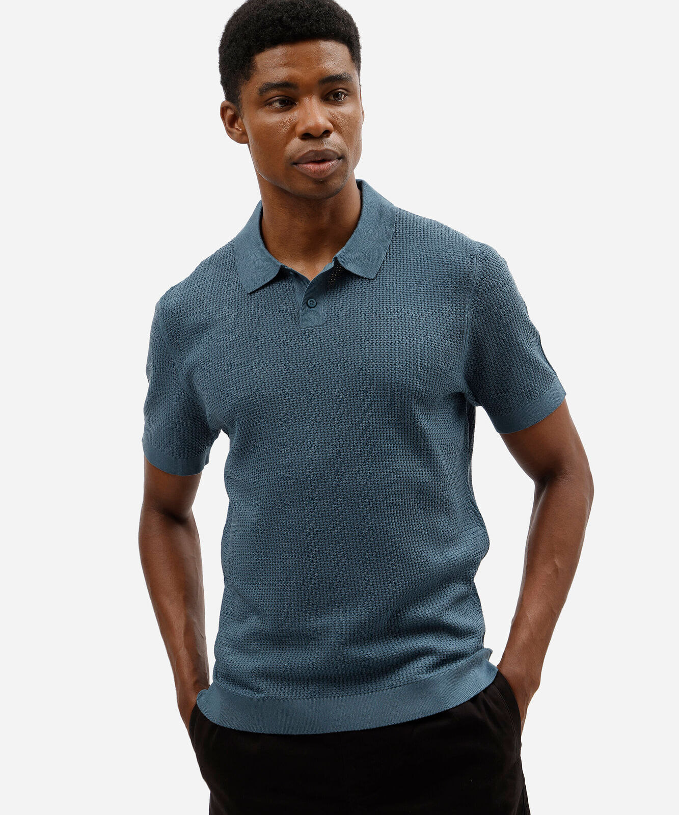 polo masculina de tricot manga curta texturizada azul