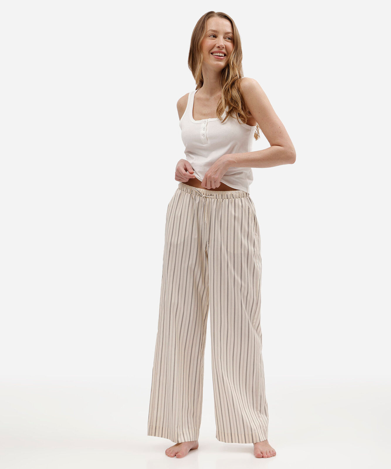 calça de pijama avulsa feminina de algodão listrada off white