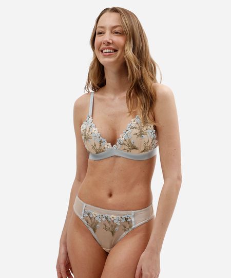calcinha fio dental feminina de tule com bordado floral azul P