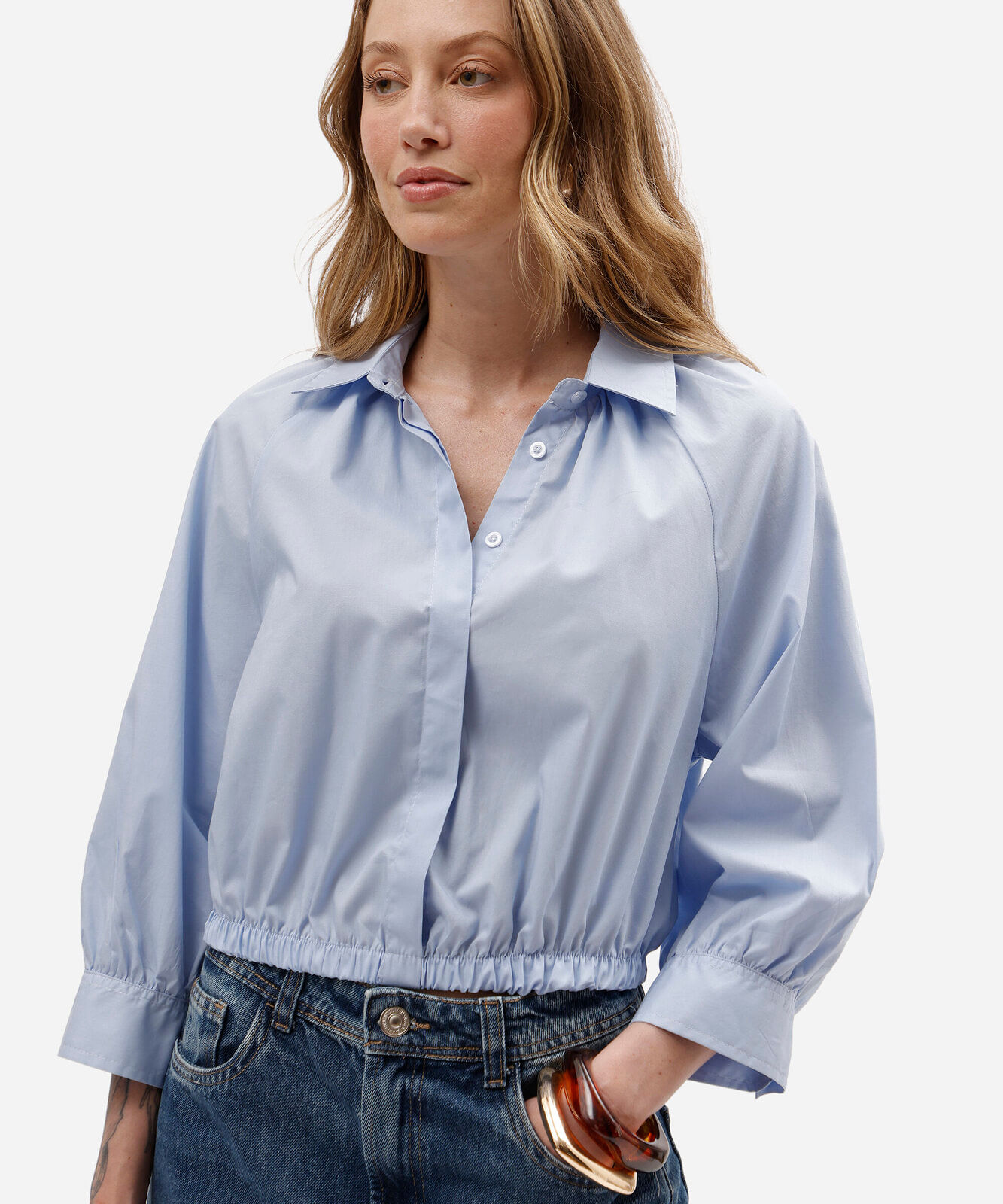 camisa balonê feminina de algodão manga longa azul