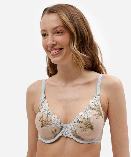 sutiã meia taça feminino com bordado floral azul 42