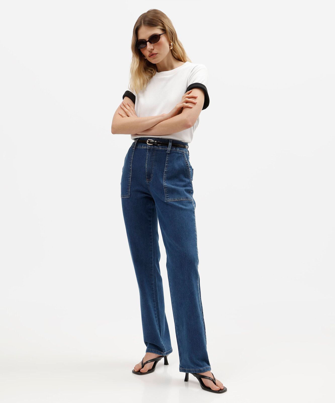 calça reta petit feminina jeans cintura alta sawary azul