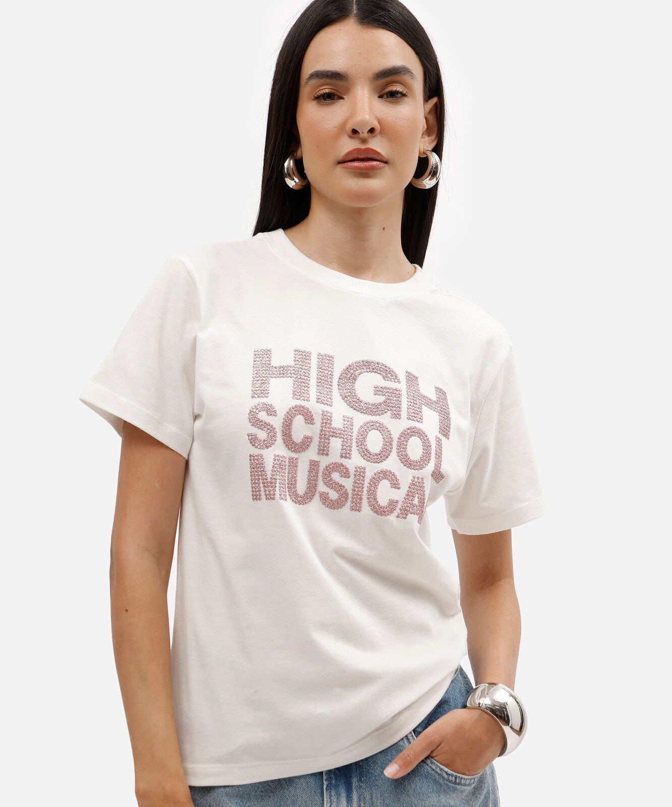 camiseta feminina de algodão manga curta high school musical off white
