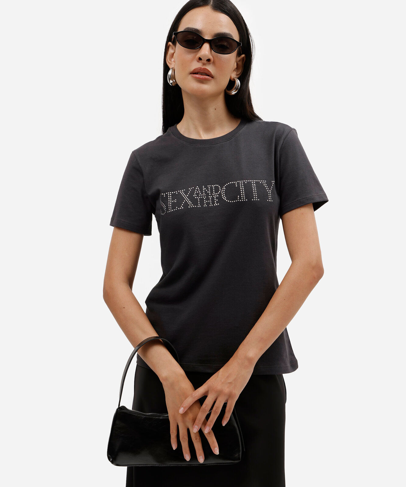 camiseta slim feminina de algodão manga curta sex and the city cinza