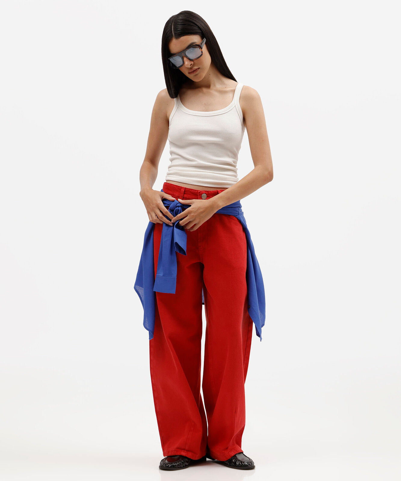 calça balloon feminina de sarja cintura média vermelha