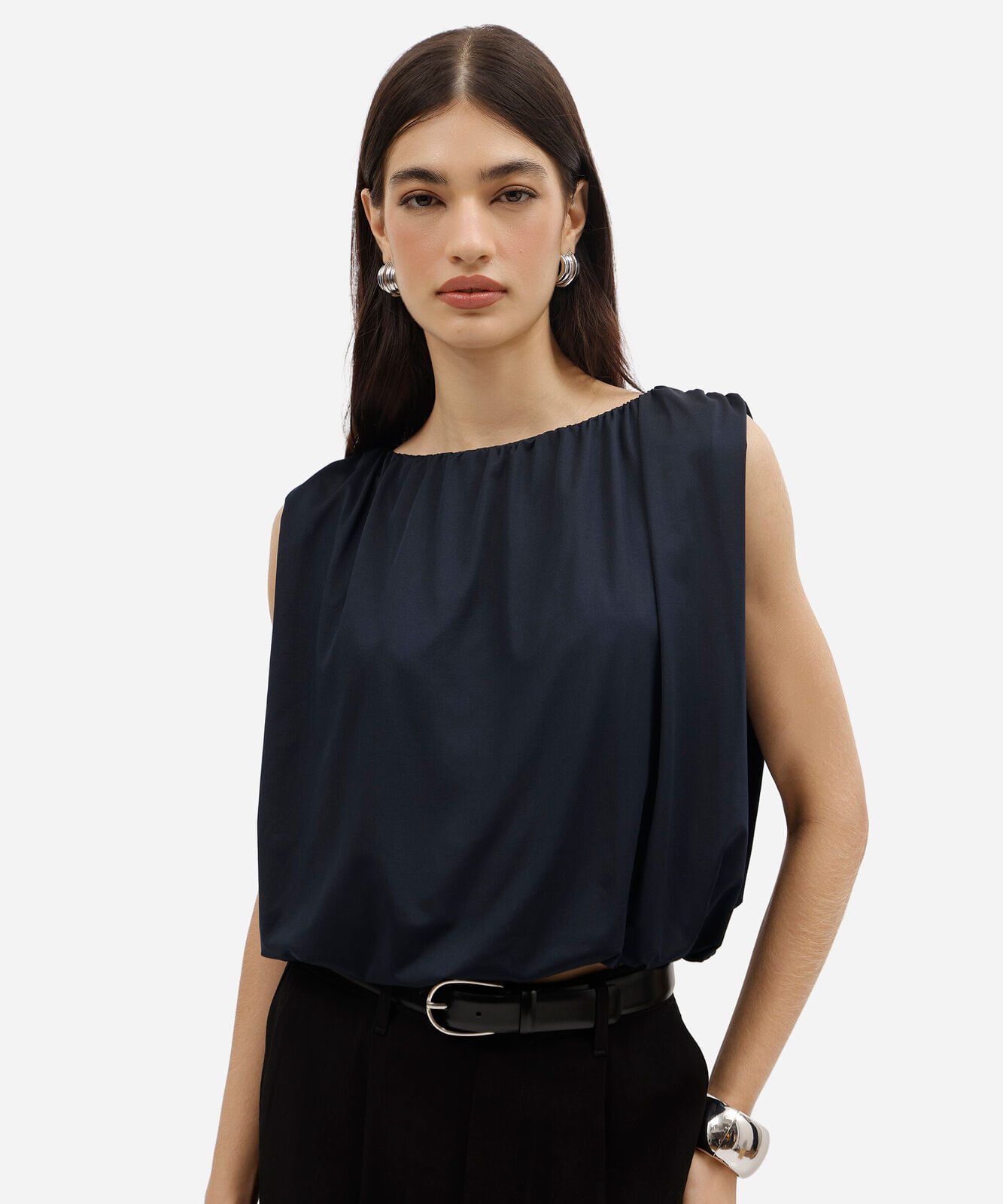 blusa feminina balonê de malha com decote redondo azul