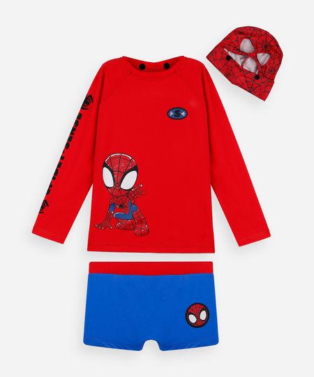 conjunto de praia infantil homem aranha com touca vermelho 2