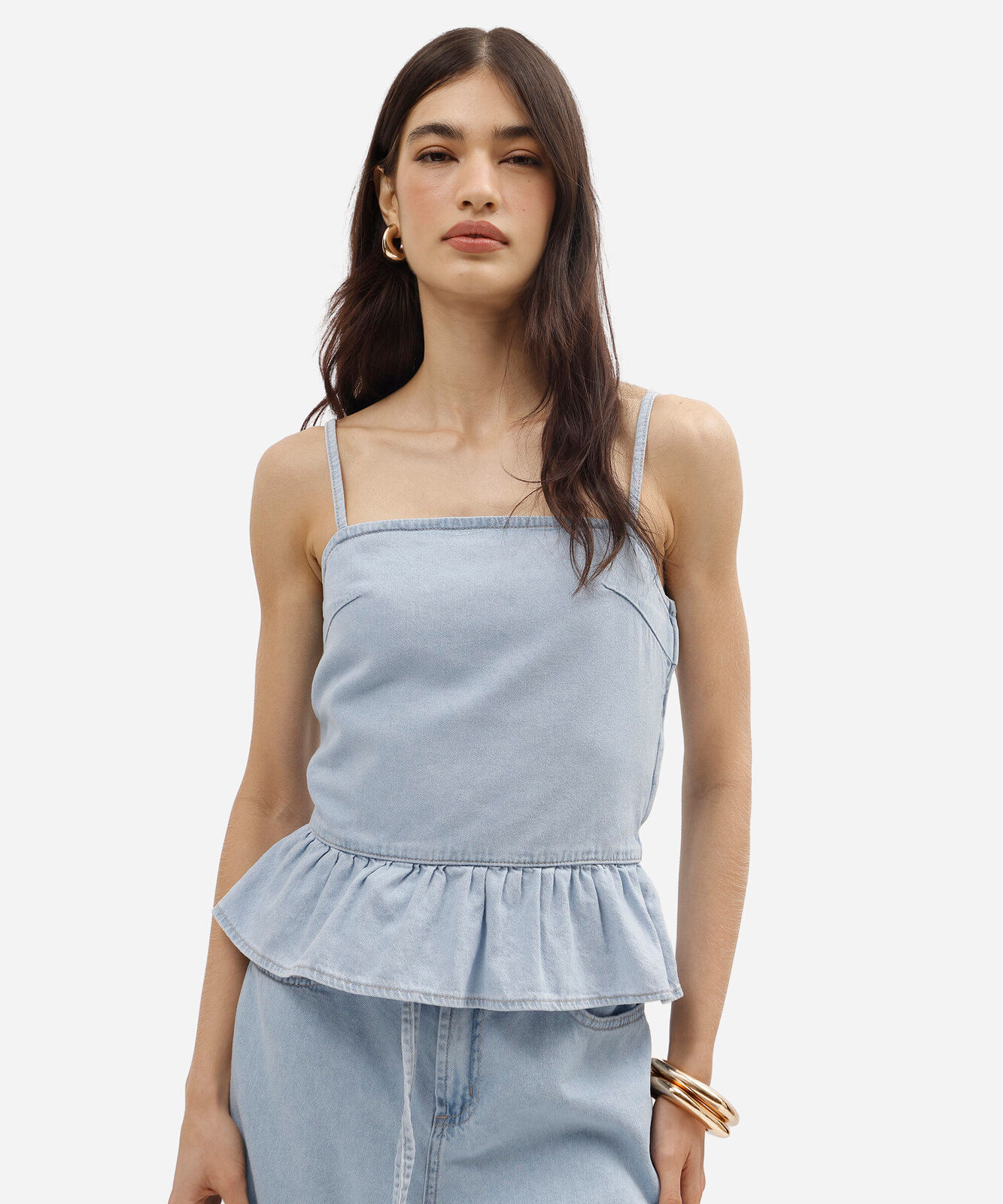 blusa peplum feminina jeans alça fina com lastex azul