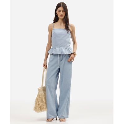 calça wide leg feminina jeans com cordão cintura alta azul