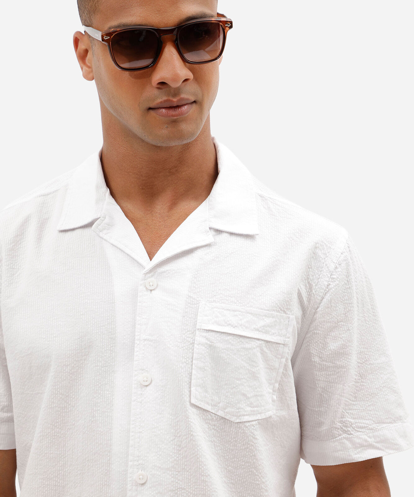 camisa masculina comfort de algodão texturizada manga curta branca