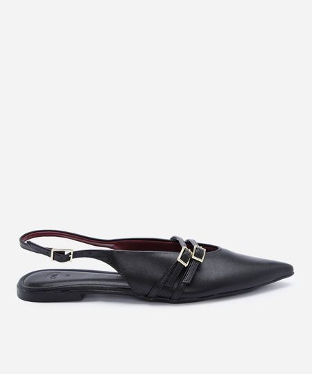 sapatilha slingback feminina de bico fino com tiras e fivelas em napa preta 34