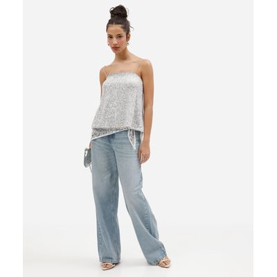 calça wide leg feminina jeans cós cruzado cintura alta azul