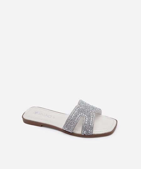 sandália rasteira feminina bico quadrado com tiras e brilhos off white 36