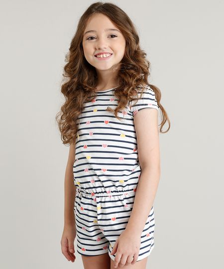 Macaquinho Infantil Listrado com Corações Manga Curta Branco Menor preço em Macaquinho Infantil Listrado com Corações Manga Curta Branco