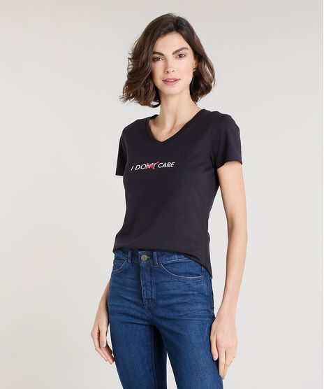 Blusa-Feminina-C2C--I-Don-t-Care--Manga-Curta-Decote-V-Preta-9267401-Preto_1
