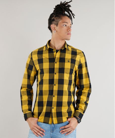 Camisa-Masculina-Xadrez-com-Bolso-Manga-Longa-Amarela-8448777-Amarelo_1