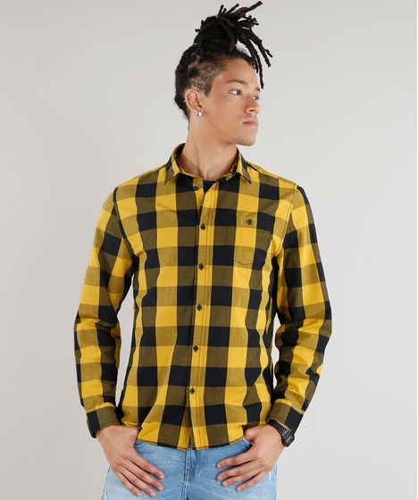 Camisa Masculina Xadrez Com Bolso Manga Longa Amarela Cea