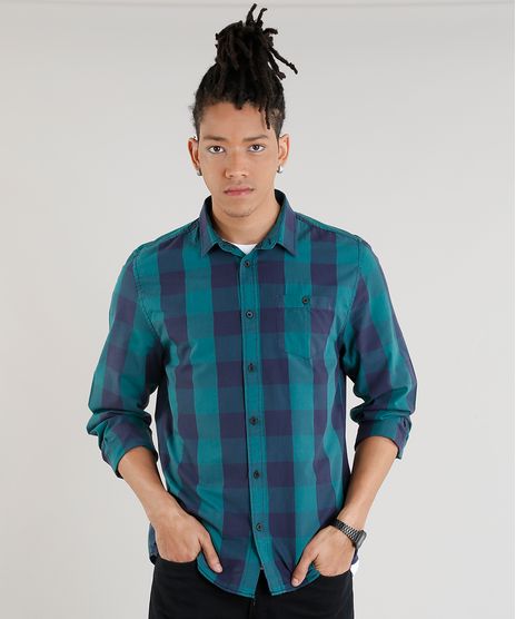Camisa-Masculina-Xadrez-com-Bolso-Manga-Longa-Verde-8448777-Verde_1