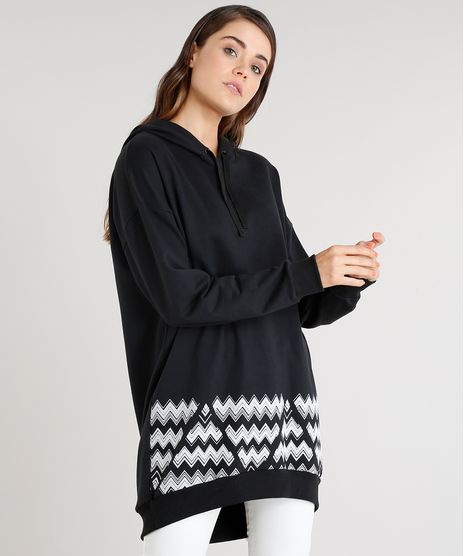 Blusao-Feminino-Longo-Missoni-Etnico-em-Moletom-com-Capuz-Preto-9301747-Preto_1