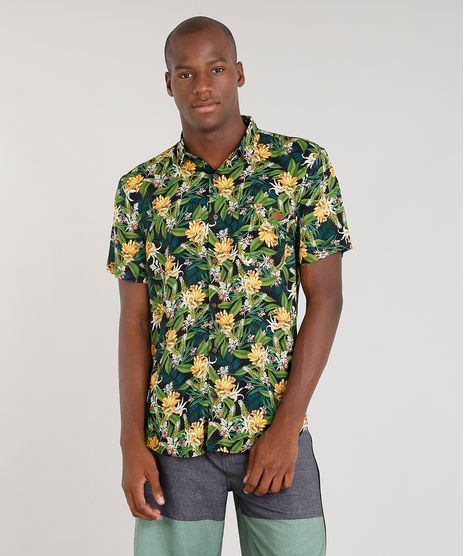Camisa-Masculina-Blueman-Estampada-Banana-com-Bolso-Manga-Curta-Preta-9334913-Preto_1