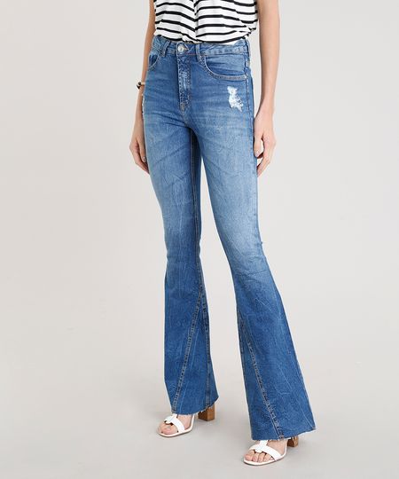 Calca-Jeans-Feminina-Flare-Cintura-Alta-com-Recorte-na-Barra-Azul-Medio-9271821-Azul_Medio_1
