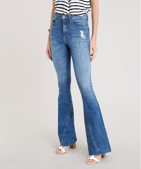 Calca-Jeans-Feminina-Flare-Cintura-Alta-com-Recorte-na-Barra-Azul-Medio-9271821-Azul_Medio_1