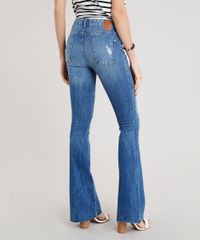 Calca-Jeans-Feminina-Flare-Cintura-Alta-com-Recorte-na-Barra-Azul-Medio-9271821-Azul_Medio_2