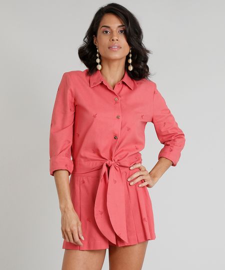 Camisa-Feminina-Agua-de-Coco-Cropped-em-Linho-Bordada-de-Coqueiros-Manga-Longa-Coral-9254744-Coral_1
