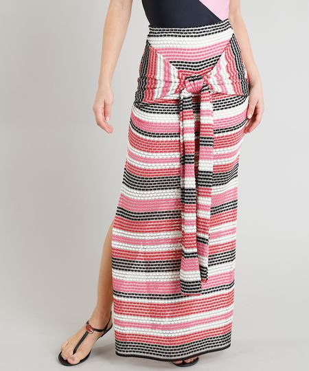 Saia Longa Feminina Triya em Tricô Listrado com Nó e Fenda Pink Menor preço em Saia Longa Feminina Triya em Tricô Listrado com Nó e Fenda Pink