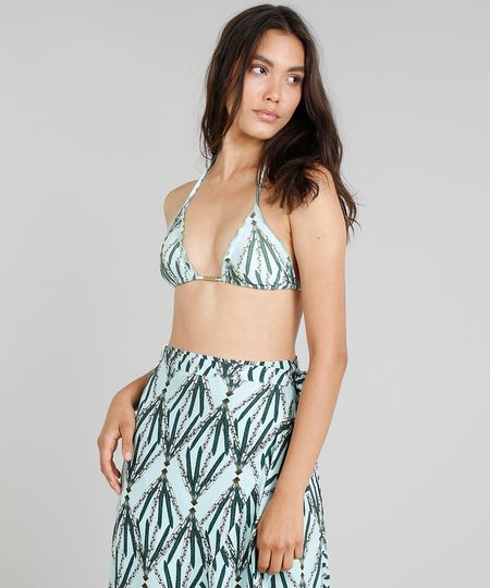 Biquíni Top Cortininha Cia. Marítima Estampado Indian com Bojo Removível Proteção UV50+ Verde Claro Menor preço em Biquíni Top Cortininha Cia. Marítima Estampado Indian com Bojo Removível Proteção UV50+ Verde Claro