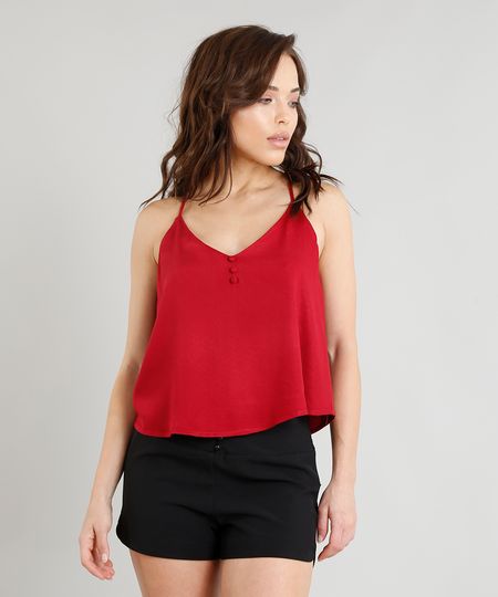 Regata Ampla Feminina Triya com Botões Decote Nadador Vermelha Menor preço em Regata Ampla Feminina Triya com Botões Decote Nadador Vermelha