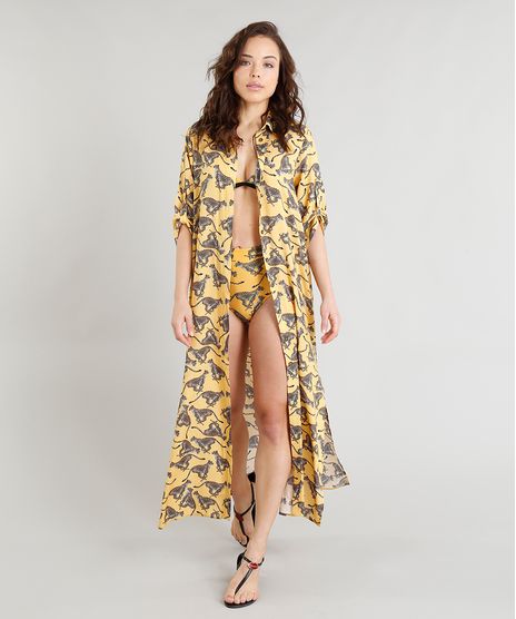 Chemise-Longo-Feminino-Triya-Estampado-Leopardo-com-Fenda-Manga-Curta-Mostarda-9258652-Mostarda_1