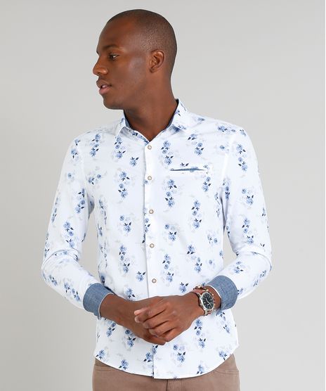Camisa-Masculina-Slim-Estampada-Floral-com-Bolso-Manga-Longa-Branca-9095681-Branco_1