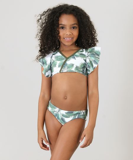 Biquíni Infantil Água de Coco Estampado Palmeira com Babado Proteção UV50+ Off White Menor preço em Biquíni Infantil Água de Coco Estampado Palmeira com Babado Proteção UV50+ Off White