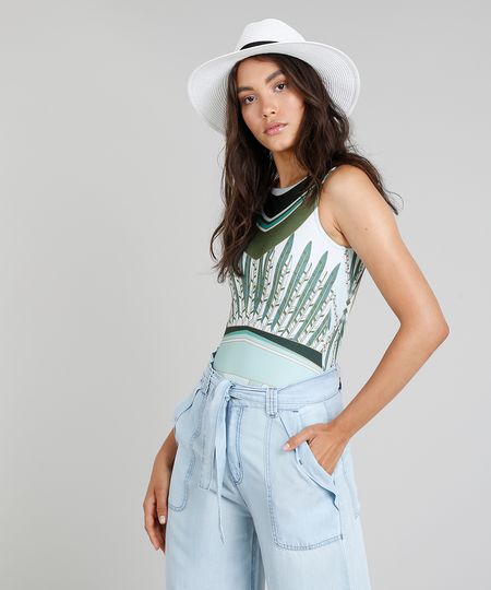 Maiô Body Cia. Marítima Estampado Indian Sem Bojo com Proteção UV50+ Verde Claro Menor preço em Maiô Body Cia. Marítima Estampado Indian Sem Bojo com Proteção UV50+ Verde Claro